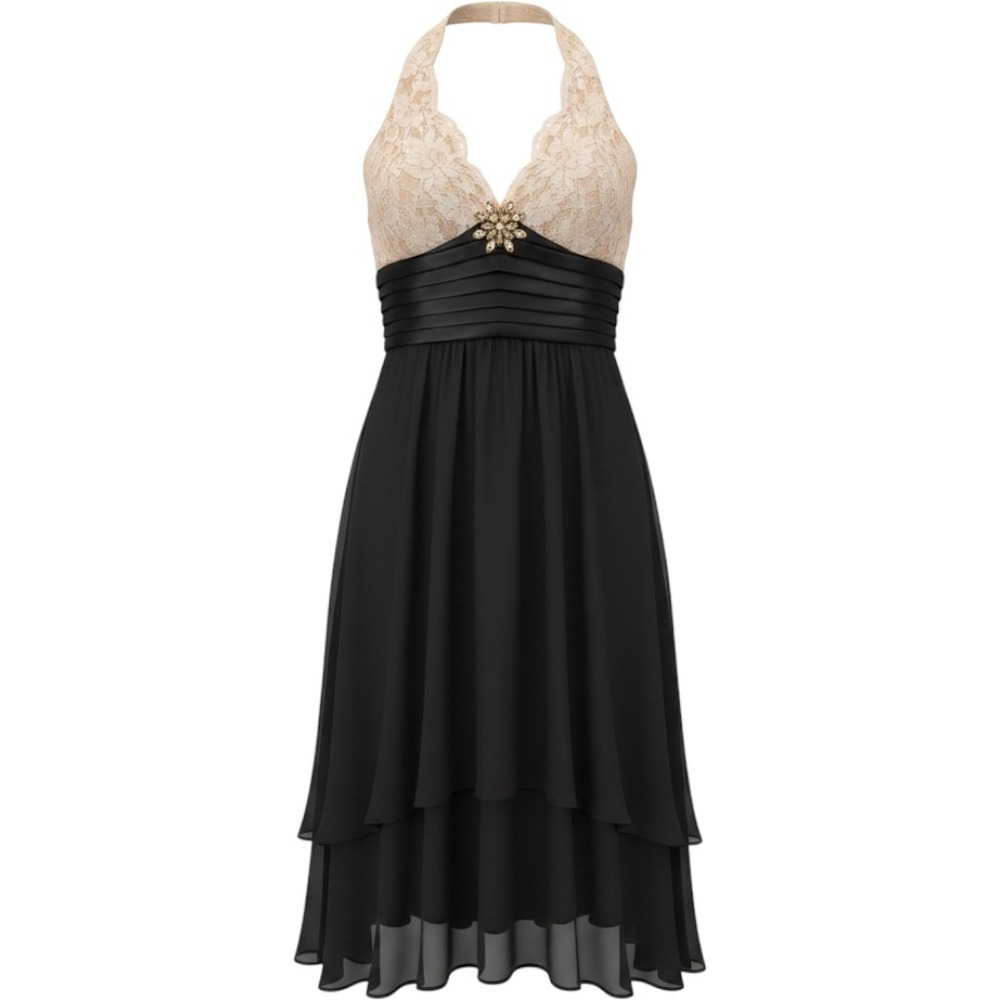Signature by Robbie Bee Silk Halter Dress Lace Bodice Black Glam Size 14 NWT